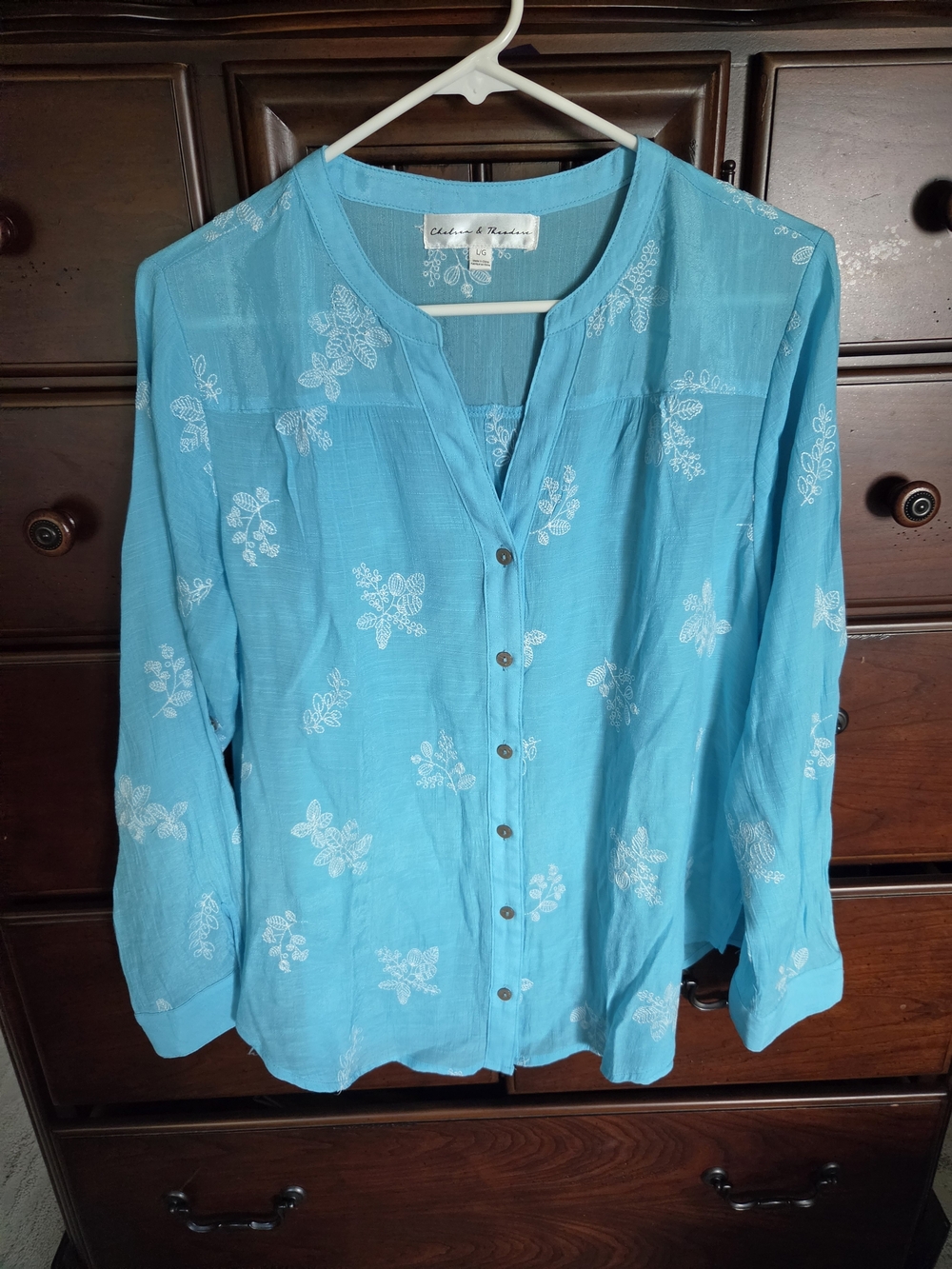 Chelsea & Theodore Turquoise Button-Front Embroidered Blouse